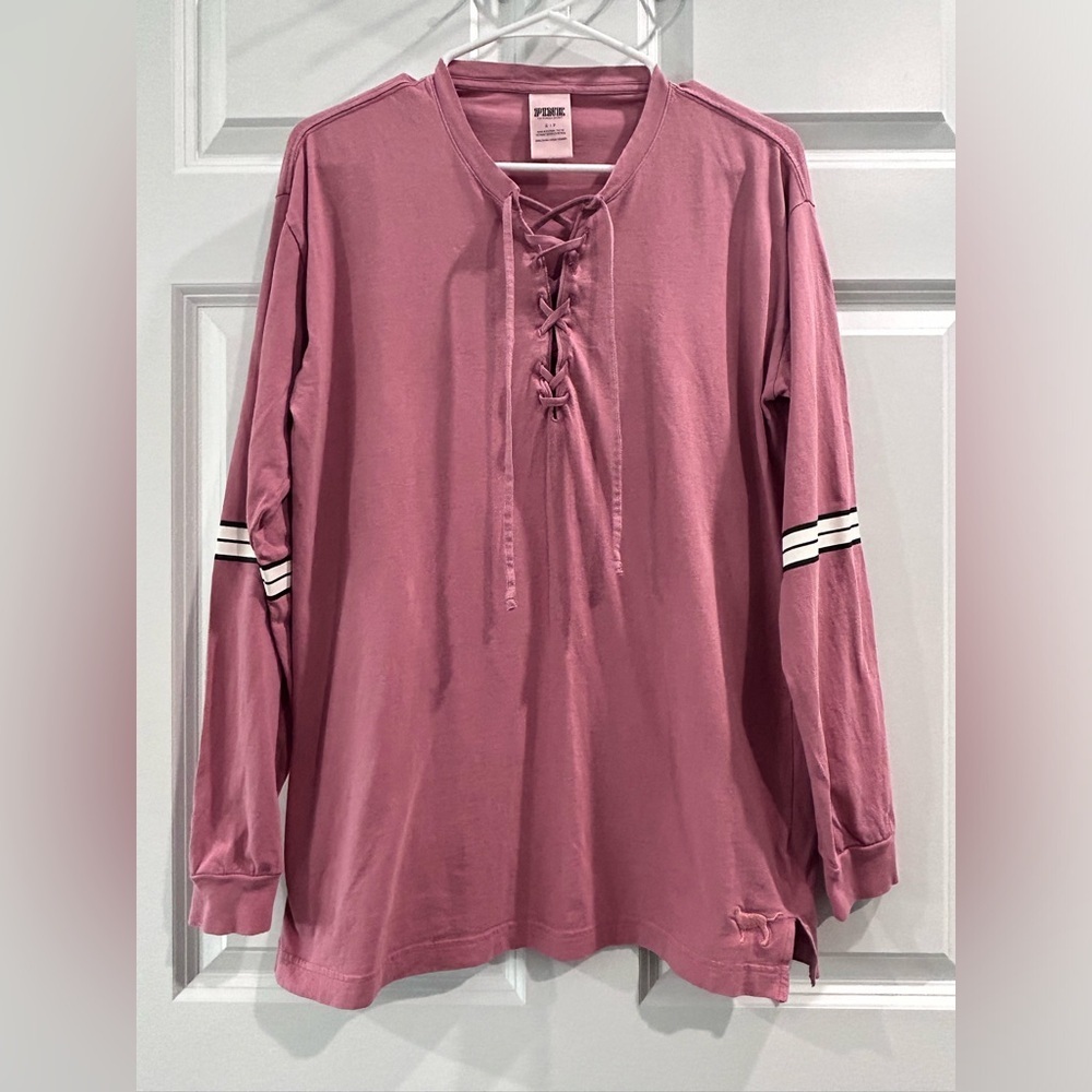 Victoria's Secret PINK Long Sleeve Shirt Sz S Campus Lace Up Dog Logo Oversized